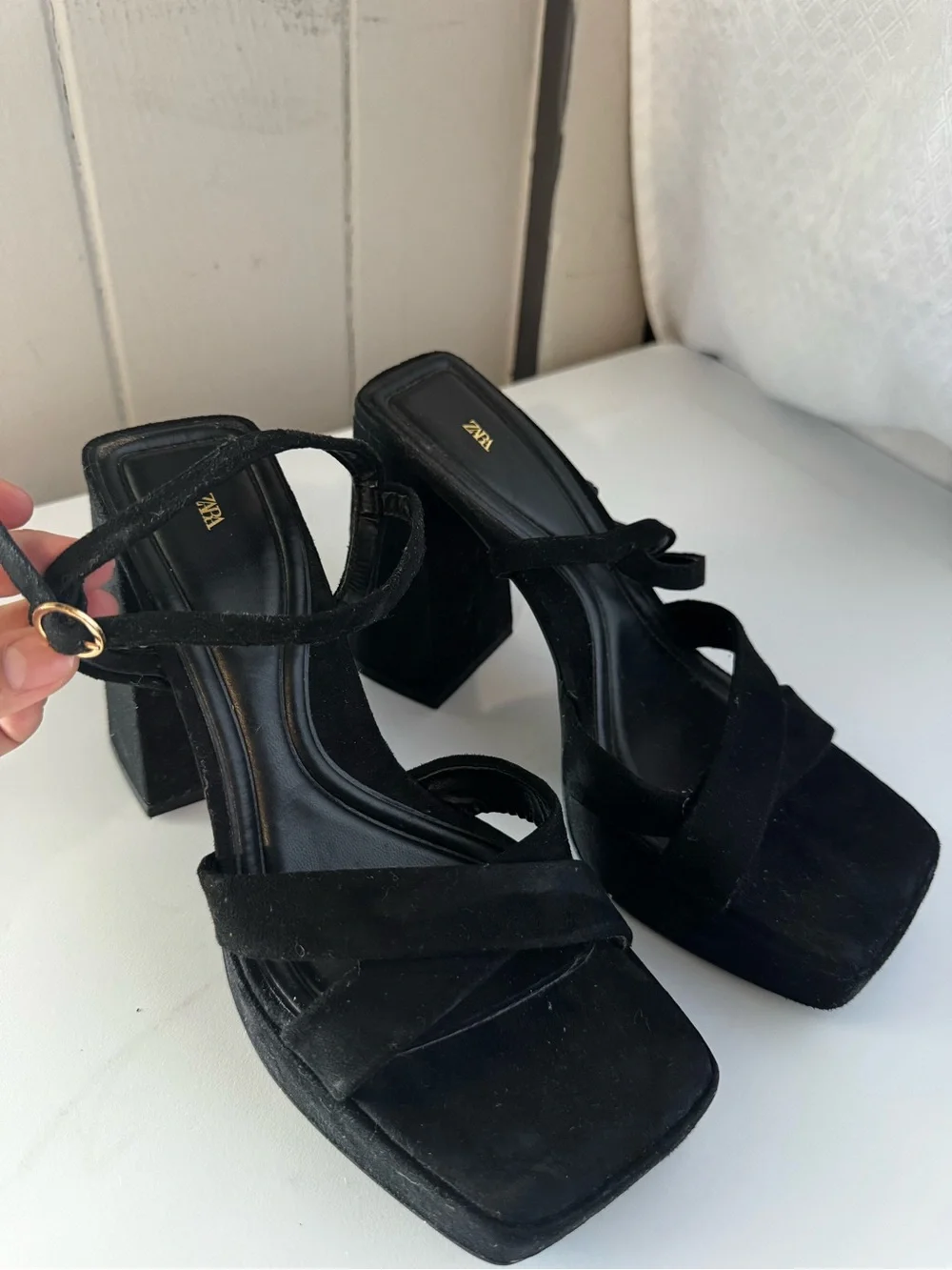 Zara Black Platform Block Heel Sandals with Ankle Strap